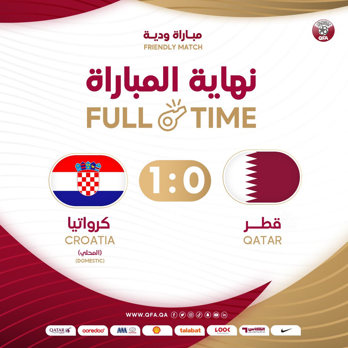 📢 FULL TIME

 Qatar 0-1 Croatia (Domestic) 

#AlAnnabi