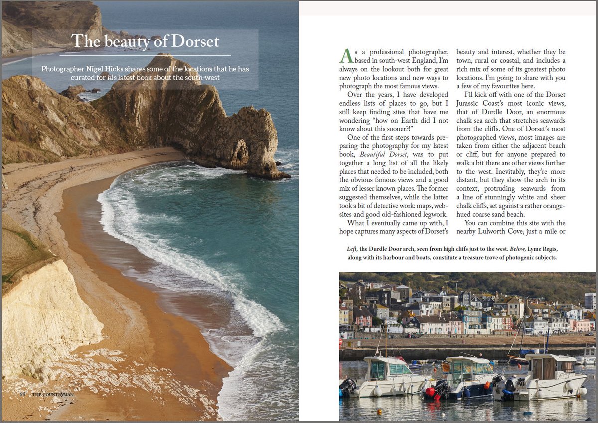 I'm excited to say that my latest magazine article is out, in #Countryman magazine, about photography for my book Beautiful Dorset. Here's a sample spread. I hope you'll like it.
@somersethour @SouthWestHour @Exeter_Hour @Dorset_Hour @ThePhotoHour @OPOTY