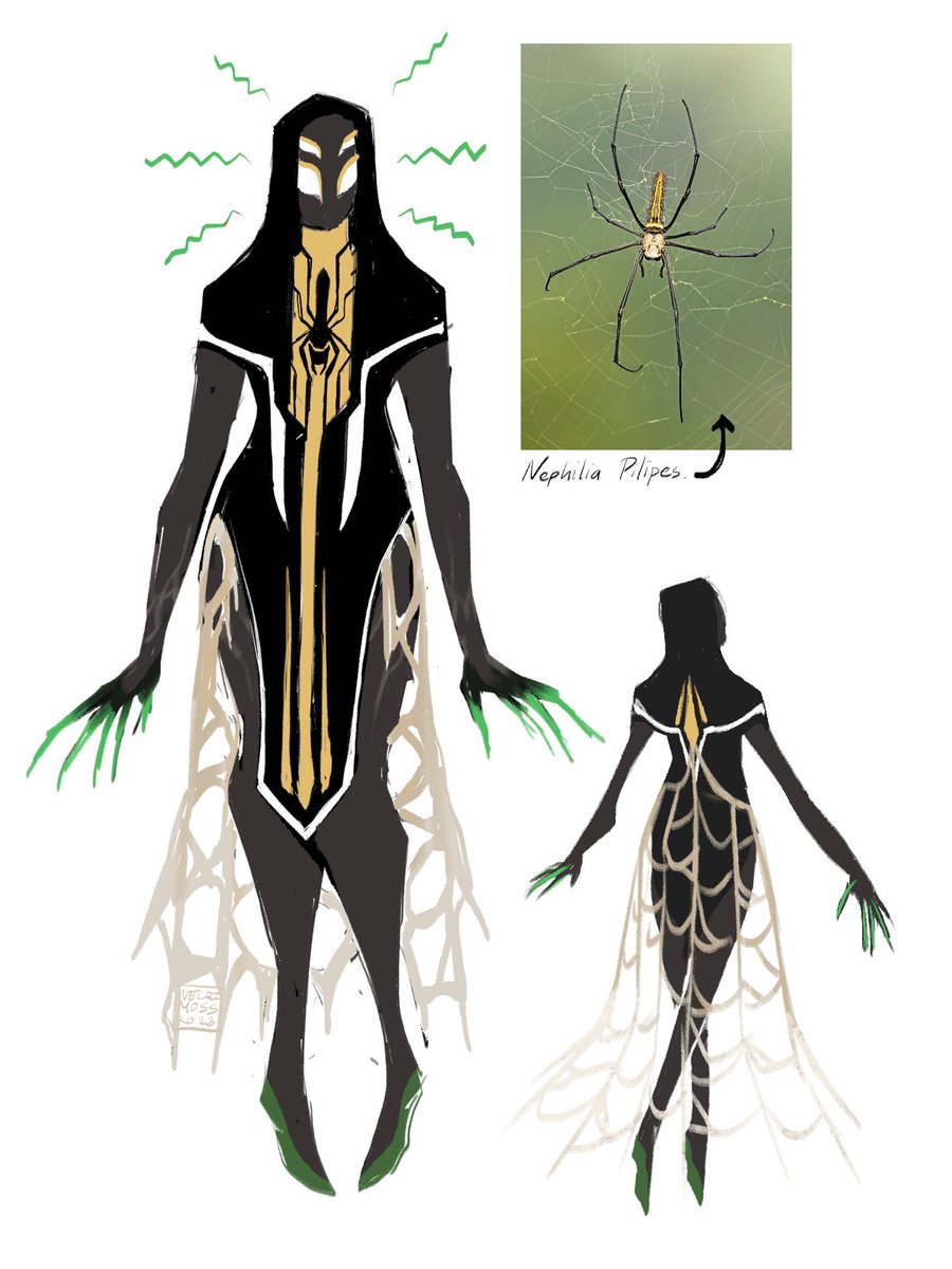 necromosss's tweet image. Finally got a name for her! Gita Saraswati or known as Spider-Satin💛 

She's not much of a fighter, but more of a crafter. Her web (that gleams golden under the light) strong enough to serve protective purposes for herself and the people around her! #spidersona #SpiderVerse