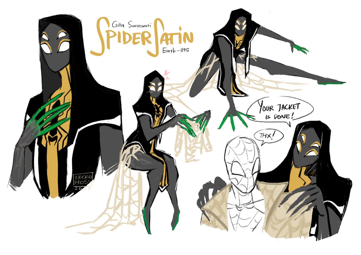 Finally got a name for her! Gita Saraswati or known as Spider-Satin💛 

She's not much of a fighter, but more of a crafter. Her web (that gleams golden under the light) strong enough to serve protective purposes for herself and the people around her! #spidersona #SpiderVerse