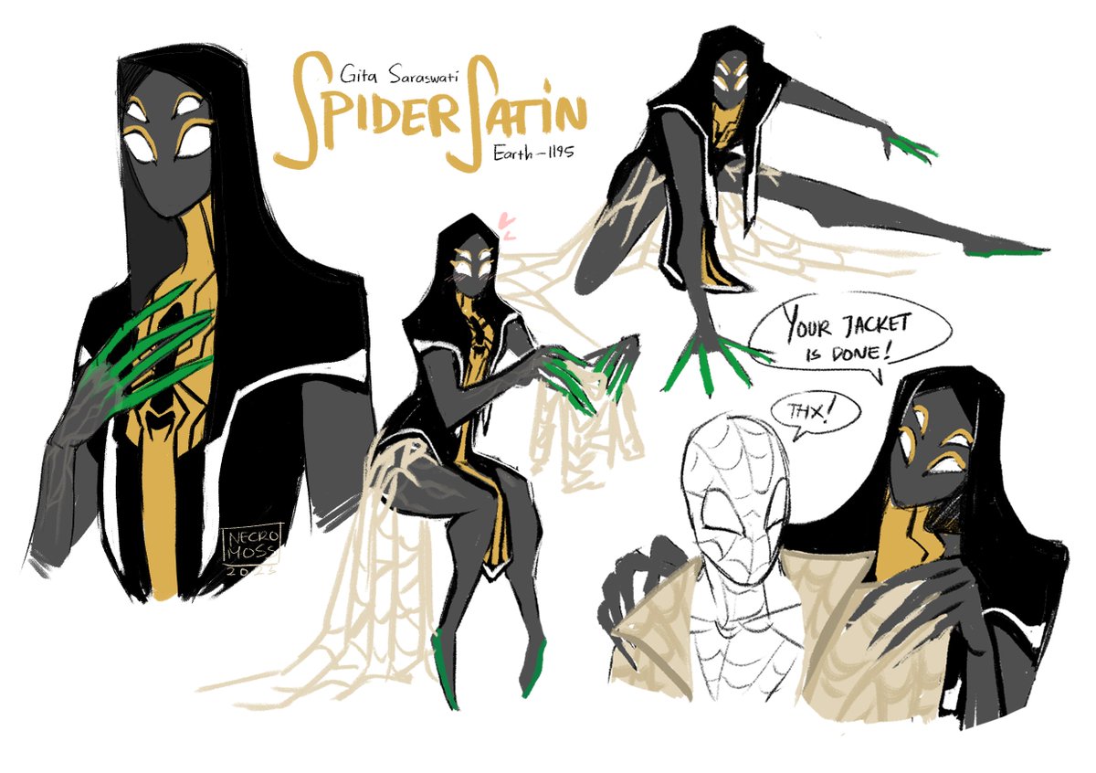 necromosss's tweet image. Finally got a name for her! Gita Saraswati or known as Spider-Satin💛 

She's not much of a fighter, but more of a crafter. Her web (that gleams golden under the light) strong enough to serve protective purposes for herself and the people around her! #spidersona #SpiderVerse