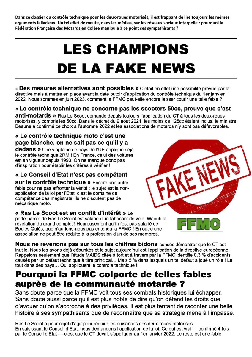 Pourquoi entend-on toujours les mêmes arguments fallacieux contre le contrôle technique ? Pourquoi la FFMC s’obstine-t-elle à diffuser de telles fables ?

Il est temps de rétablir quelques vérités.