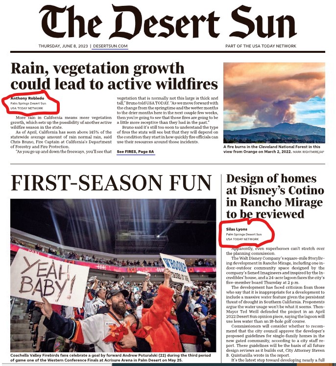 On today's @MyDesert frontpage, there are three stories that are supposedly written by people identified as Desert Sun reporters. But here's the truth @Gannett is trying to obscure: Two of those three 'staff writers' don't — and have never — worked for @MyDesert.