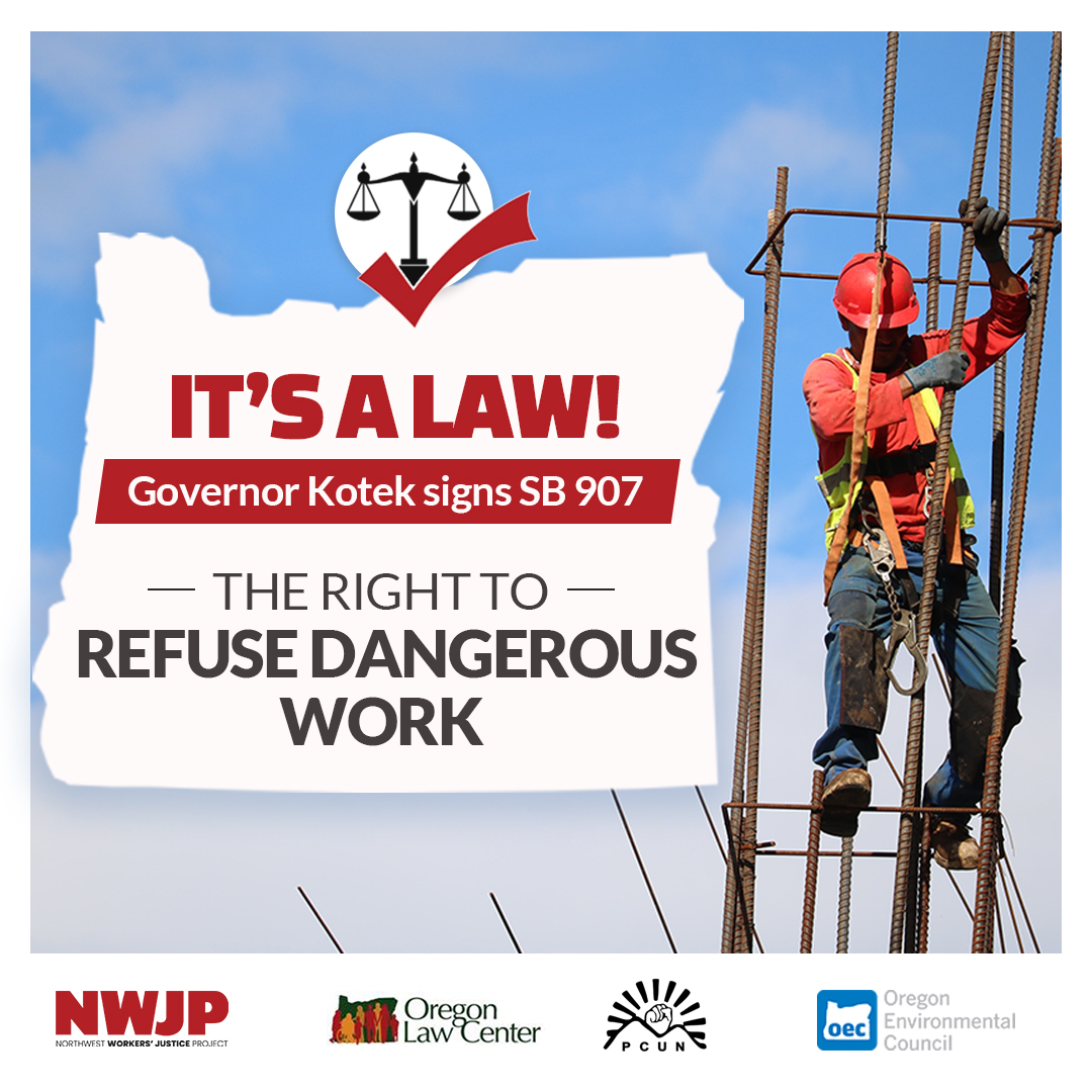 Worker_Justice's tweet photo. Victory! 👏👏Governor Kotek signed SB 907 into law yesterday, making Oregon the first state to enshrine the "right to refuse dangerous work" in statute in all situations without a reasonable alternative. Read the full press release in our website https://t.co/oUpmvVRons https://t.co/JMpT23roML