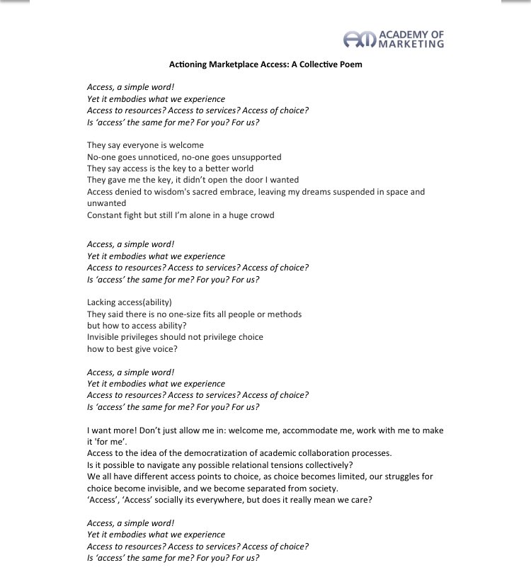 Today’s <a href="/Acad_Marketing/">Academy of Marketing</a> Masterclass saw us create an in-situ collaborative poem centring on Actioning Marketplace Access! Check it out👇Thanks <a href="/KathyLHamilton/">Kathy Hamilton</a> and <a href="/EmBanis/">Emma Banister 💙</a> for the fabulous class and thanks everyone for being so open to trying this innovative method!👍