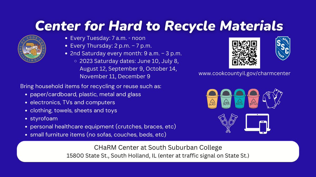 Tomorrow is the 2nd Saturday of June! That means the CHaRM Center <a href="/South_Suburban/">SouthSuburbanCollege</a> will be open 9am-3pm.
You can make an appointment and see the list of accepted materials here: ssc.edu/charm/