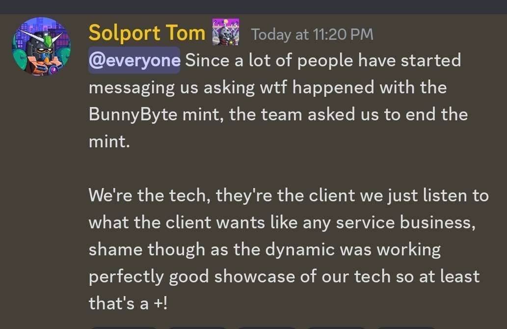 This literally defeats the point of dynamic pricing and you as the launchpad shouldn't allow them to end it early @SolportTom @TaiyoRobotics 

Part of the launch agreement should be that all phases run until completion regardless of the outcome

Shame on @BunnyBytesNFT and Taiyo
