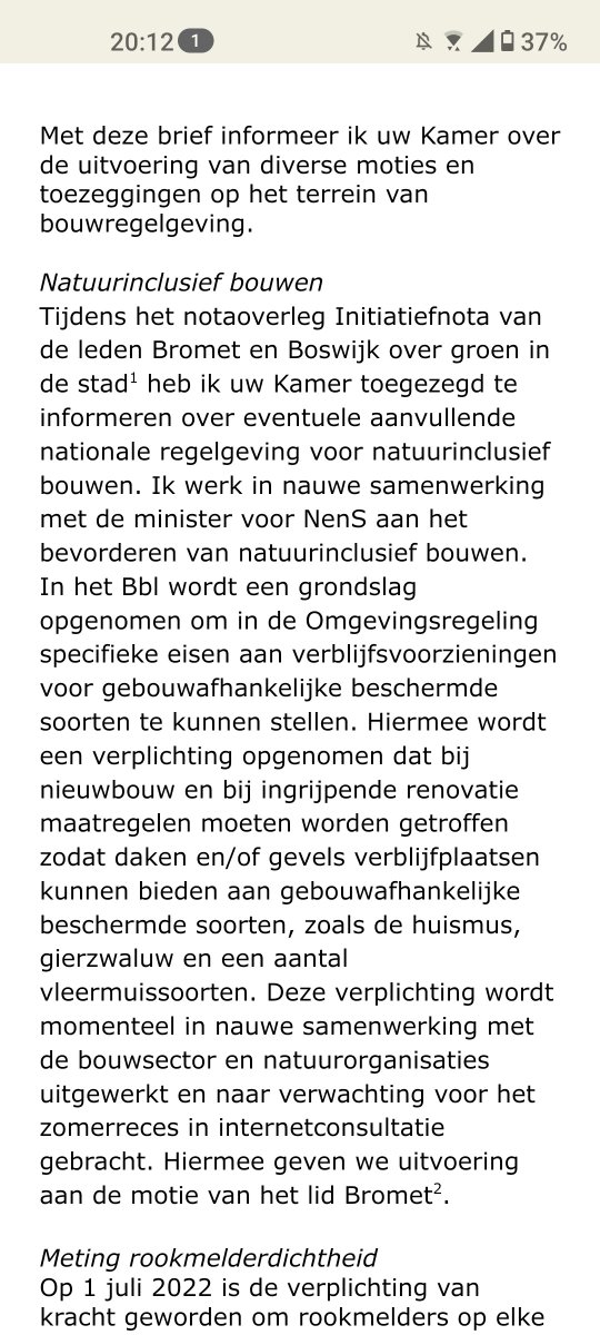 Goed nieuws voor Natuurinclusief Bouwen! In de Bbl van de Omgevingswet (zeg maar het nieuwe bouwbesluit) worden voorzieningen voor vleermuizen en vogels verplicht. Vandaag toegezegd door minister @hugodejonge

tweedekamer.nl/debat_en_verga…
#Natuurinclusief #bouwen #vleermuizen #vogels