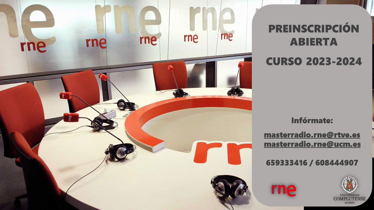 🎙️¿Te interesa la radio? ¿Quieres formarte con los mejores profesionales? 

📝Infórmate sobre el Máster de Radio de la <a href="/UCMccinf/">Facultad Ciencias Información</a> y <a href="/rne/">Radio Nacional</a>. 

📌rtve.es/n/1235880 <a href="/MasterRneUcm/">Máster de Radio RNE - UCM</a> 

<a href="/unicomplutense/">Complutense</a> <a href="/RTVE_Com/">RTVE Comunicación y Participación</a> <a href="/rtve/">RTVE</a> <a href="/rtveplay/">RTVE Play</a> <a href="/radio5_rne/">Radio 5</a> <a href="/ree_rne/">Radio Exterior de España</a> <a href="/Radio3Extra/">(radio 3)</a> 

#Masterderadio 📻