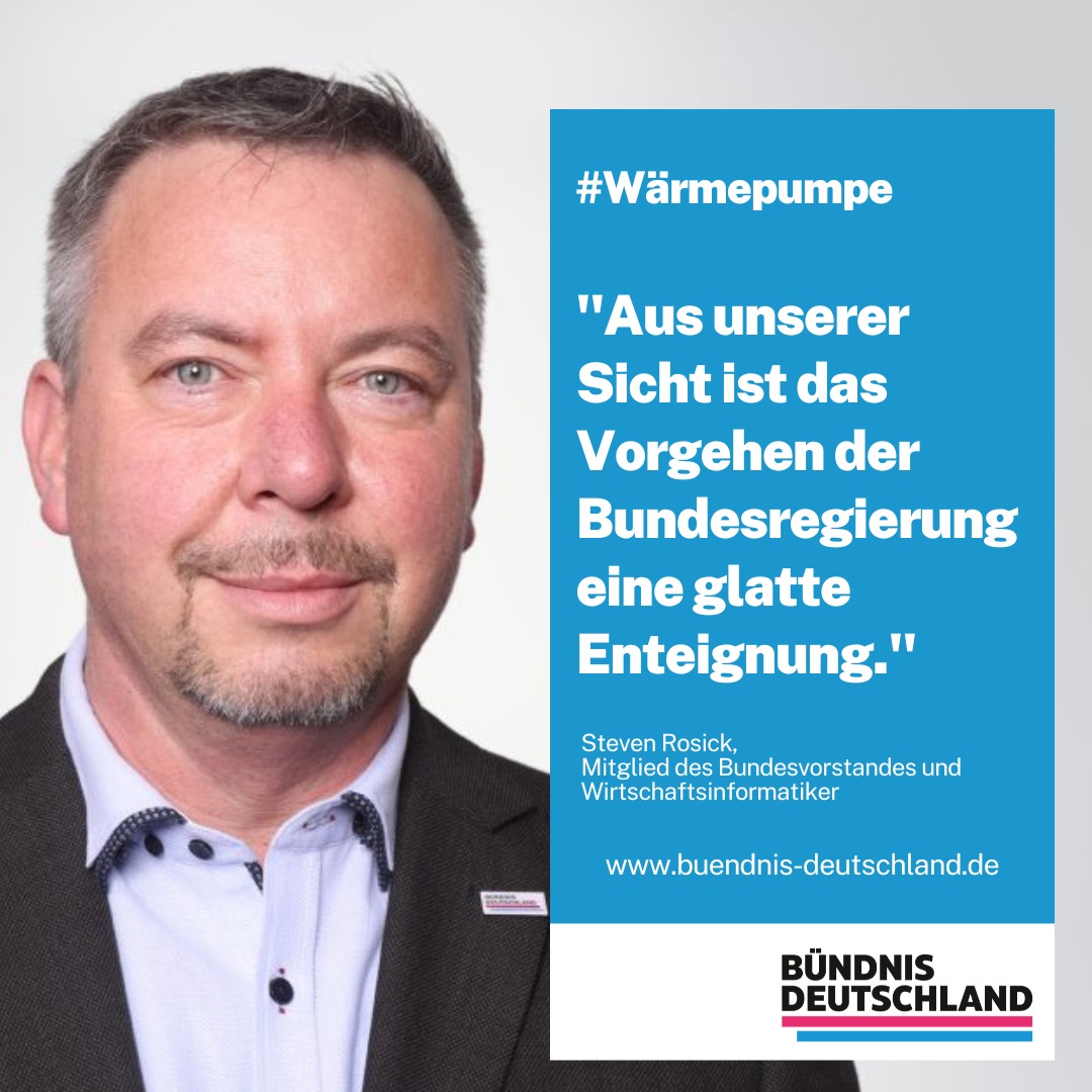 buendnisde's tweet photo. Derzeit wird die #Wärmewende intensiv diskutiert. Bei allen Betrachtungen werden jedoch entscheidende Grundvoraussetzungen, die das Scheitern dieser so genannten Wende schon von Beginn an besiegelt, völlig außer Acht gelassen.

Das gesamte Gesetzespaket bezieht sich z. B. fast ausschließlich
auf Wohngebäude. Man muss aber den Gesamt-Gebäudebestand betrachten. Wir müssen Wohngebäude und Nichtwohngebäude, wie Gewerbebauten, unterscheiden.

Wenn wir dies tun, stellen wir fest: Im gesamten Gebäudebereich fallen 18,48% der gesamtdeutschen CO2-Emmisionen an, davon entfallen aber nur ca. 35% auf Wohngebäude. Das sind gerade einmal 6,47% der Gesamt-CO2-Emmissionen. Dafür werden die Verbraucher nach vorläufigen Schätzungen jedoch 9,1 Mrd. EUR jährlich an Steuern aufbringen müssen.

Letztlich trägt die volle Last dieses Gesetzespaketes der Bürger, gleich, ob
Mieter oder Eigentümer. Gebäude müssen zwar nicht sofort energetisch saniert werden, sollen sie jedoch verkauft, verschenkt oder vererbt werden, müssen diese Maßnahmen laut Gesetzesentwurf spätestens 3 Jahre nach dem Eigentümer-Wechsel erfolgen. Damit haben nicht sanierte Gebäude per se schon jetzt an Wert verloren.

Aus unserer Sicht ist das Vorgehen der Bundesregierung hier eine glatte #Enteignung.

Der Gesetzesentwurf zur Wärmewende kostet enorm viel Geld, ohne dass der CO2-Ausstoß unseres Landes erkennbar reduziert wird. Zudem ist die enthaltene Enteignungs-Wirkung nicht grundgesetzkonform und auch deshalb abzulehnen.

#bündnis #deutschland #bündnisdeutschland #energie #energiewende #ampel #grüne #grünen #habeck