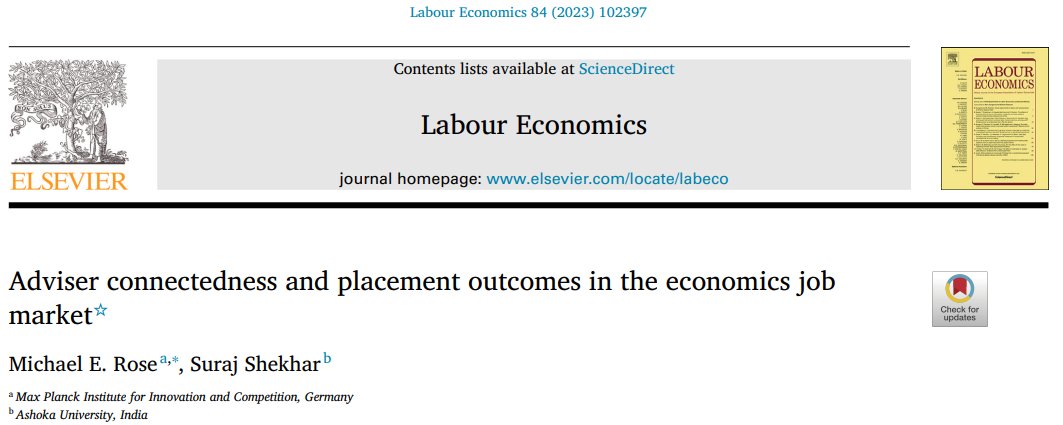 The next #EconJobMarket is not yet there, but here's a paper studying it. And the role of your PhD adviser's network

Now out in Labour Economics Vol. 84 (free link: authors.elsevier.com/a/1hBP93IvSGku…)

A thread