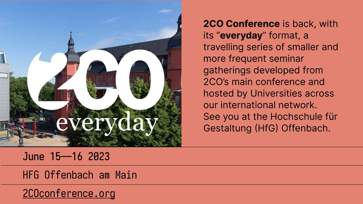 2COConference (@2coconference) on Twitter photo #2COConference is back, with its #2COeveryday format, a travelling series of smaller and more frequent seminars.
See you @HfG_Offenbach. Here the registration form: forms.gle/iygTPThQLziTJ8… - 2coconference.org/offenbach/ <a href="/Architettura_AA/">Architettura ad Alghero</a> #2COConference is back, with its #2COeveryday format, a travelling series of smaller and more frequent seminars.
See you @HfG_Offenbach. Here the registration form: forms.gle/iygTPThQLziTJ8… - 2coconference.org/offenbach/ <a href="/Architettura_AA/">Architettura ad Alghero</a>