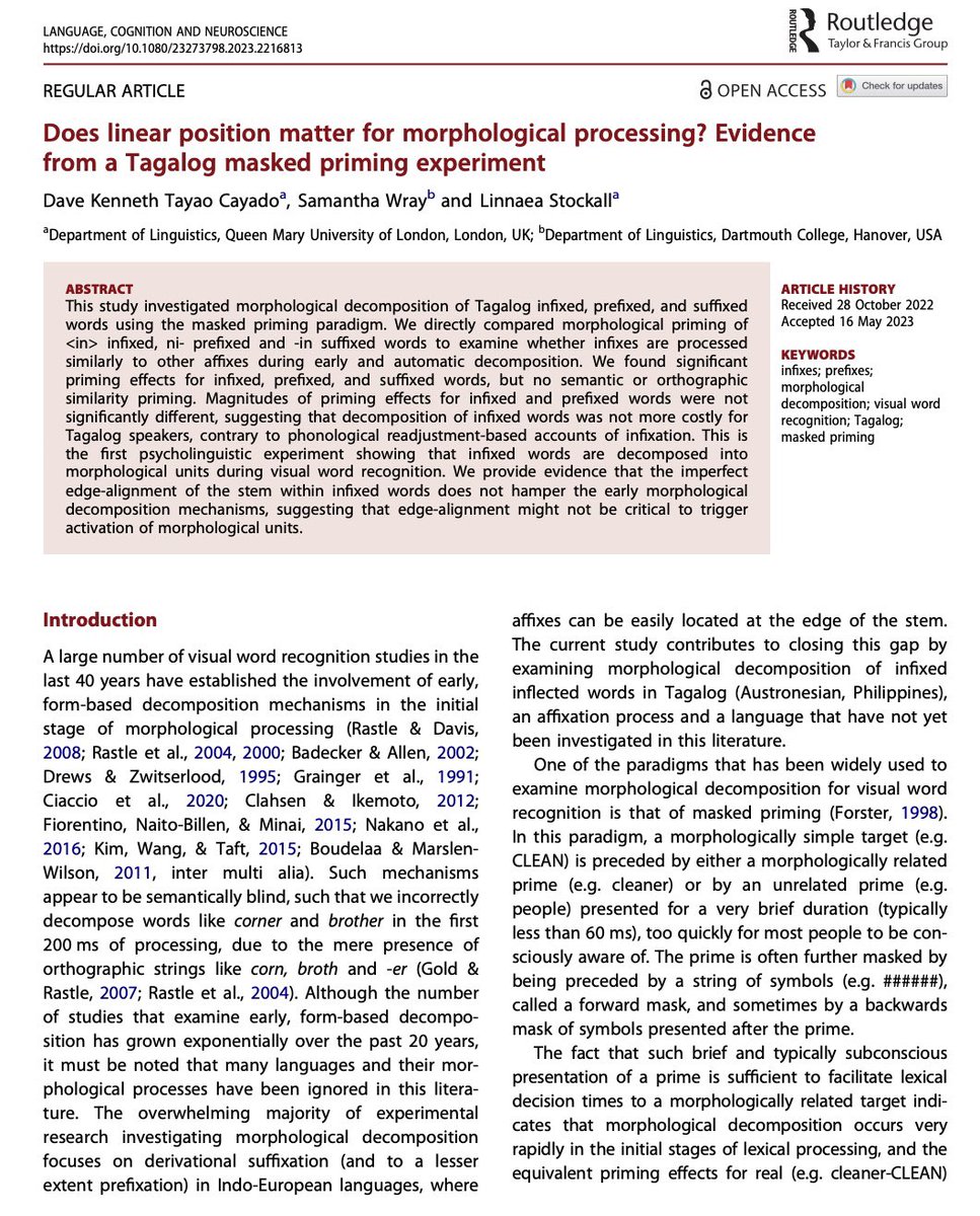 DKCayado's tweet photo. 📌New Publication
So ecstatic that the first paper out of my PhD thesis is officially published in Language, Cognition, and Neuroscience.

We investigated whether Tagalog infixed, prefixed, and suffixed words are decomposed into morphological units. 

Link and summary ⬇️ https://t.co/OcyODGDgj5