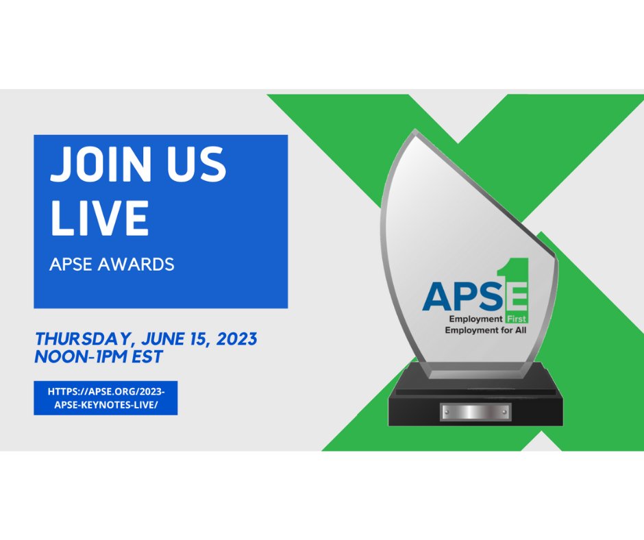 Join us to celebrate Excellence in Employment First!
The APSE Awards Ceremony will be broadcast LIVE on Thursday, June 15, Noon-1pm EST. This event is free of charge!
Find out more at apse.org/2023-apse-keyn… 
#EmploymentFirst #Excellence #Awards