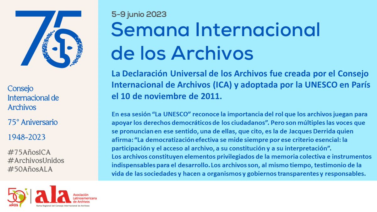 La Declaración Universal de los Archivos fue creada por el <a href="/ICArchiv/">ICA - International Council on Archives</a>  y adoptada por la UNESCO en París el 10 de noviembre de 2011.
¡La ALA es la rama regional del ICA!
Consulta la declaración y firme el registro en línea aquí:  ica.org/es/nuestras-pr…