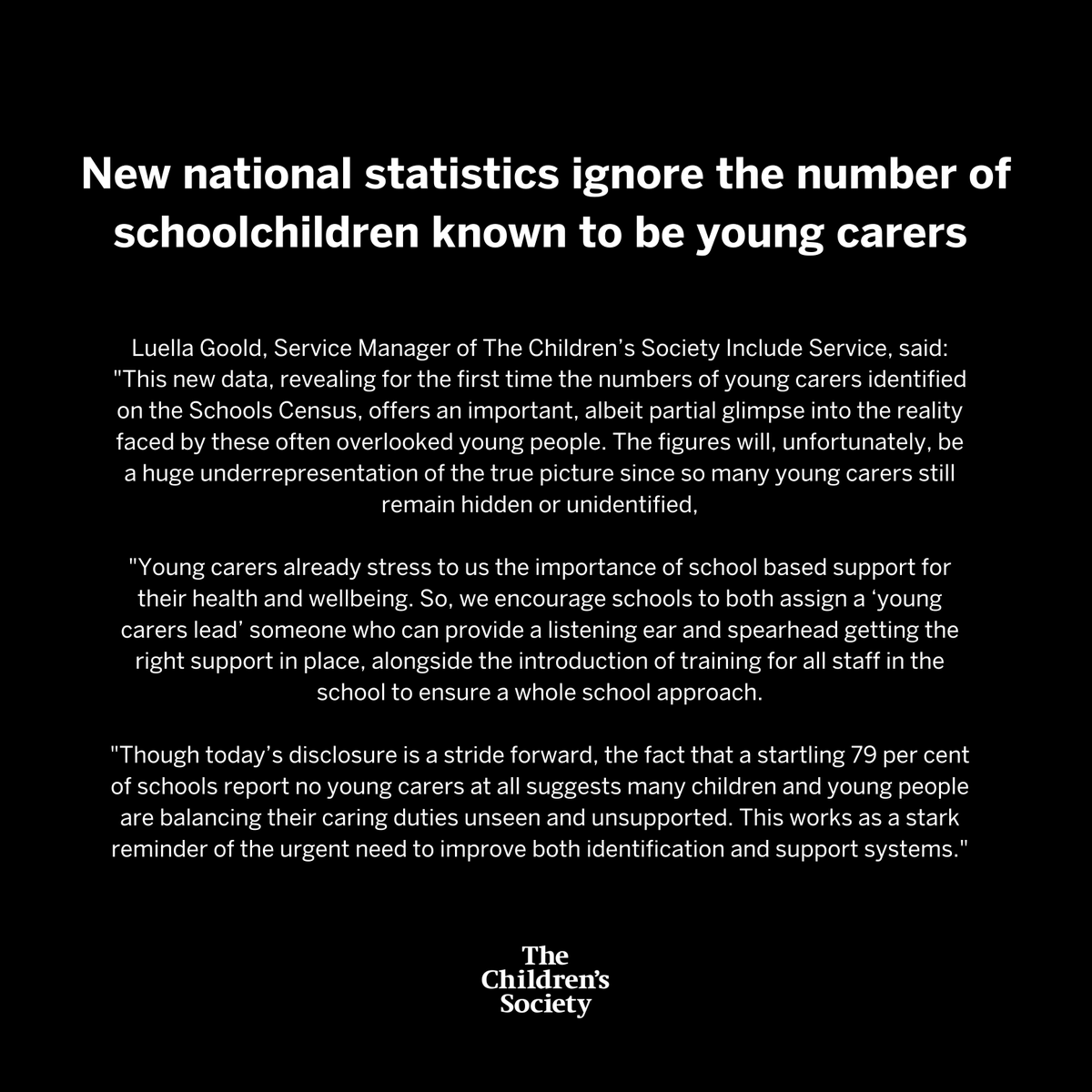 childrensociety's tweet photo. We believe that the new national statistics regarding the number of school children that are #YoungCarers are misrepresentative - with many young carers not being identified and therefore missing vital support. Read our statement: https://t.co/Fkif82L4CM