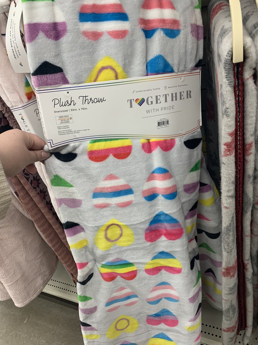 saw this blanket yesterday….. brands are actually excluding lesbians on purpose because how are you putting two versions of the trans flag, the intersex and genderqueer flags (that i rarely see on stuff tbh) but not the first letter of the acronym 😐