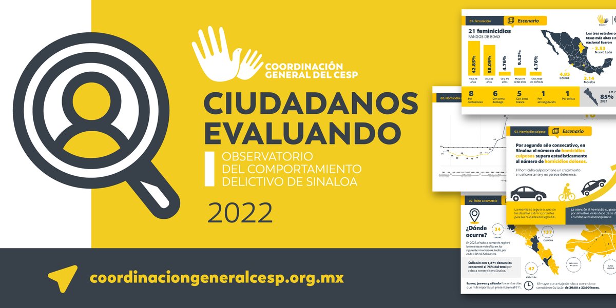 CGCesp's tweet photo. Atención ciudadanos 📢

Estamos a unos días de la presentación de nuestro estudio Ciudadanos Evaluando 2022 👏

Donde podrás encontrar los datos más relevantes sobre incidencia delictiva, seguridad y justicia del estado de Sinaloa. ⚠️

Espéralo... https://t.co/NK8WvAjH84
