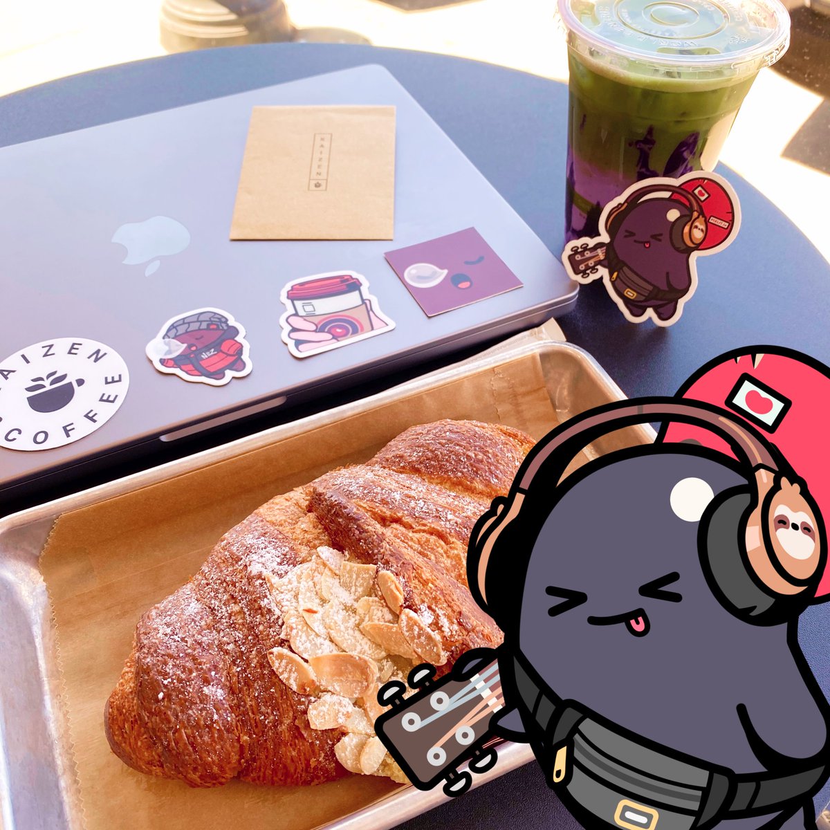 Proof of <a href="/KAIZENANDCOFFEE/">KAIZEN & COFFEE</a> 

Custom ordered Ube Matcha Latte 🍵
Free stickers from the shop ⛩️

Kaizen &amp; Coffee is run by a fellow skater in the garden. Support local <a href="/Azuki/">Azuki</a>!