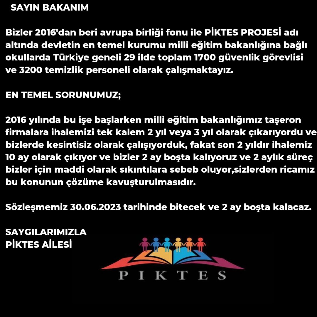 NebahatKabakl's tweet photo. Milli Eğitim Bakanlığına bağlı okullarda görev yapan kapsam dışında bırakılan #Piktes Taşeron işçiler artık çözüm bekliyor
Piktes Çalısanları 2 ay boşta kalmak istemiyor

#piktesboştakalmasın

@RTErdogan @iletisim @RTEdijital @Yusuf__Tekin @isikhanvedat @ErbakanFatih https://t.co/03ZHzP0OhT