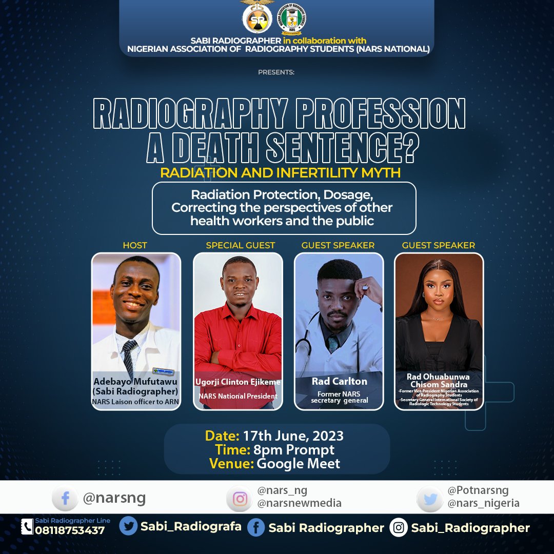 We have a session with Sabi Radiographer, an upcoming media influencer who's passionate about Radiography and is building a brand dedicated to educating the populace about Radiography online. Let's meet on the 17th.