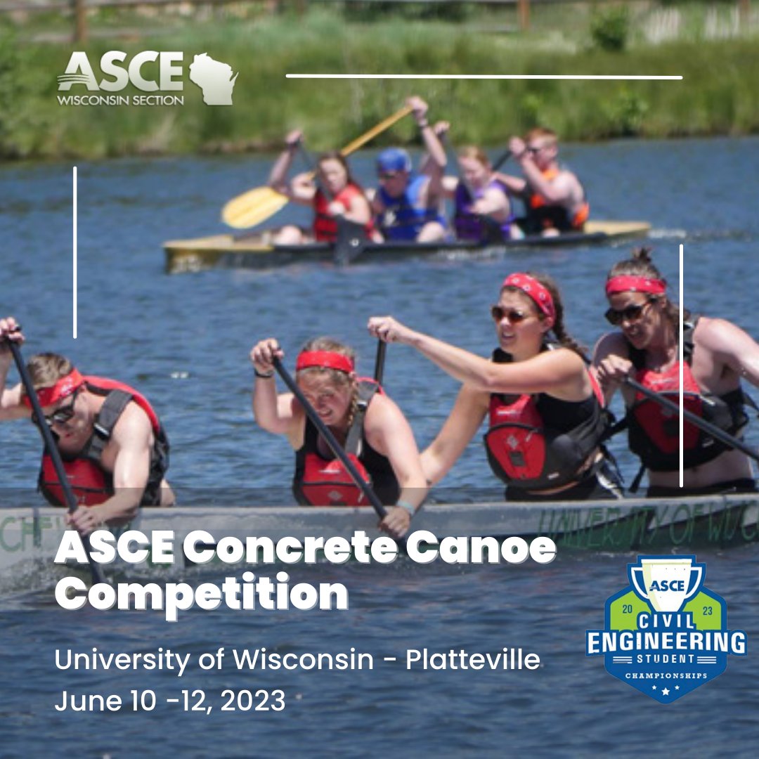 AsceWisconsin's tweet photo. We hope you will attend this year's ASCE Concrete Canoe Competition hosted at University of Wisconsin - Platteville. This is a great opportunity to support future engineers and represent the ASCE WI Section!

More information and registration here: https://t.co/QisLwxlzp9 https://t.co/SHGzBbBmLe