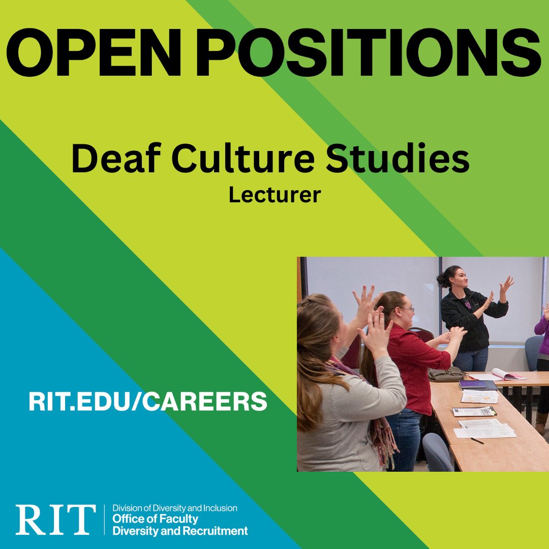 🚨Faculty Job Alert🚨
@RITNTID is seeking a Lecturer of #DeafCulture Studies to start this coming Fall. Candidates must be fluent in both American Sign Language & written English. Learn more: bit.ly/RIT_7998BR

#futurefaculty #facultydiversity #ASL