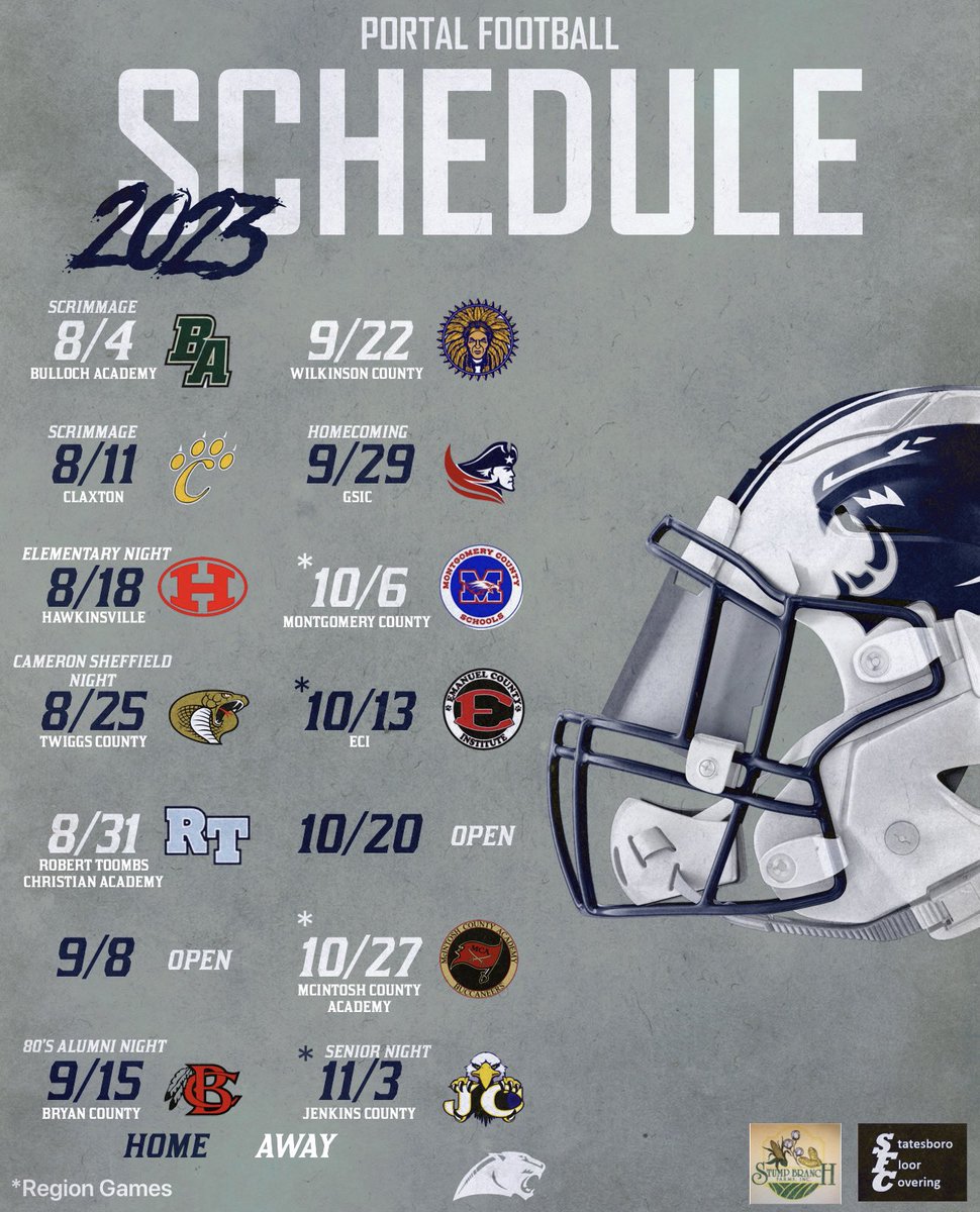 Here is your 2023 Portal Football Schedule Graphic! Feel free to repost and/or share. We owe a very special thanks to Statesboro Floor Covering and Stump Branch Farms for sponsoring our social media schedule graphic and it’s release. Go Panthers!!
PFA All Day!