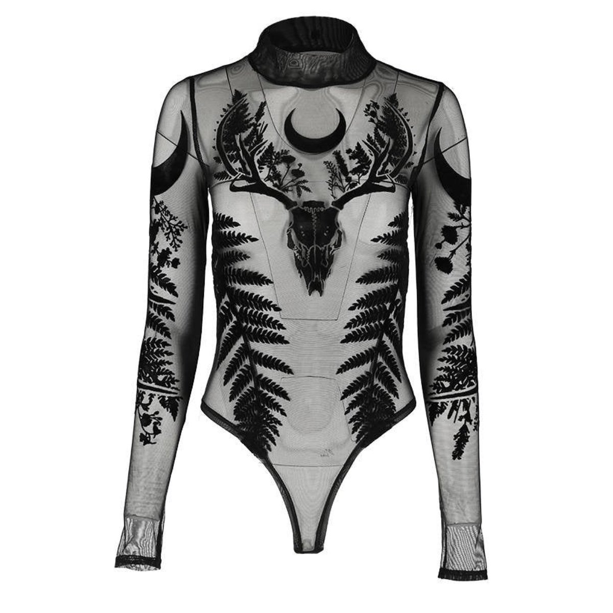 Gothic Fern Bodysuit
⋆｡°✩｡⋆☼
A gothic bodysuit, sheer with a beautiful witchy design consisting of a crescent moon, fern & deer skull adorned in flock velvet. 
🕸️ gothmall.com/products/gothi…
🍃
#goth #gothic #gothicfashion #gothicstyle #bodysuit #bodysuits #tattoobodysuit