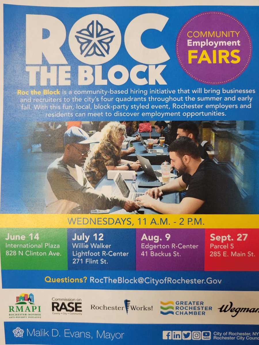 Looking for a job? Update your resume and come check out the Roc the Block Fairs this summer. 

If you need assistance with creating or updating your resume ABC has a program that could assist you. 

For assistance, call 585-325-5116.