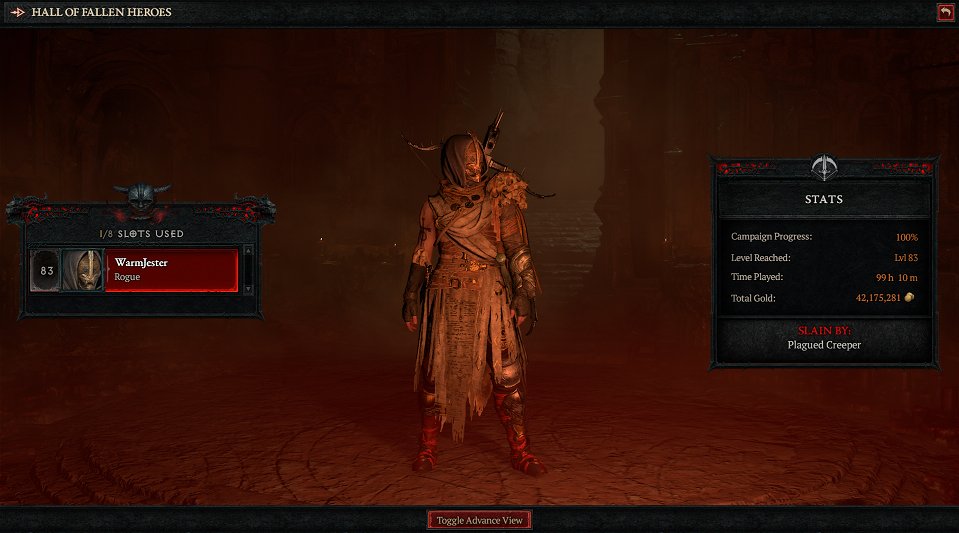 WarmJester's tweet photo. I really think that "slain by" should have a disconnect option.

100 hours, lvl 83 (and a half), it was a good run but my name wasn't meant for statues https://t.co/xESM24qgxo