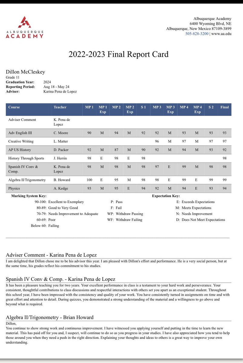 Final report card for my Junior year. Finished this year with straight As (over a 4.0 GPA) at one of the most competitive academic schools in the country!