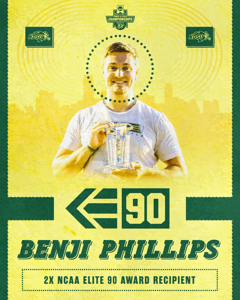 NDSUTrackField's tweet photo. Benji Phillips won the NCAA Elite 90 Award with the highest cumulative GPA at the NCAA Championships, making it 3 straight years for the Bison men.
This is the 20th NCAA Elite 90 Award won by an NDSU athlete, and the 8th since 2021. https://t.co/2fmSQlVWlB