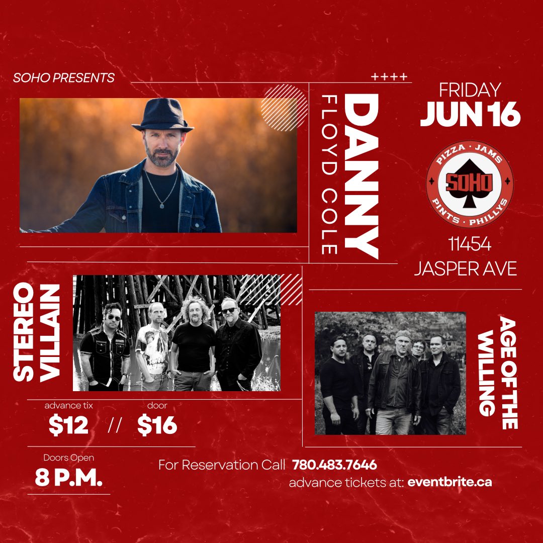 Just Announced! Friday June 16th Live @ SOHO DANNY FLOYD COLE W/ AGE OF THE WILLING & STEREO VILLAIN Tickets available in advance eventbrite.ca/e/danny-floyd-… $12 plus fees, more at the door.