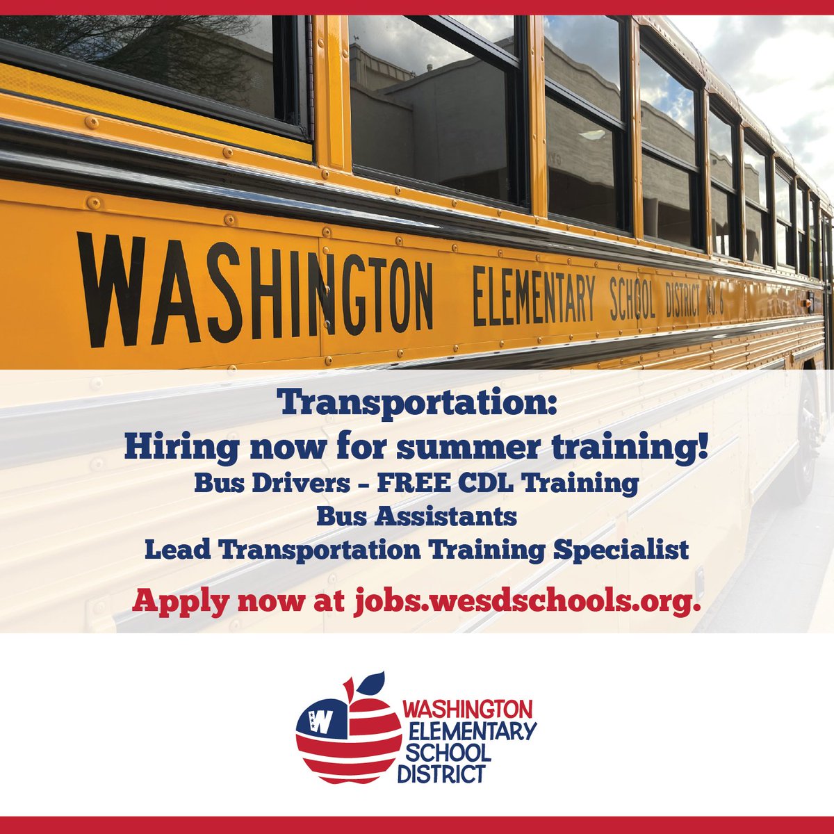 The WESD is searching for dedicated individuals to join our Transportation team to help ensure students get to and from school safely! To apply online, please visit jobs.wesdschools.org. #WESDFamily