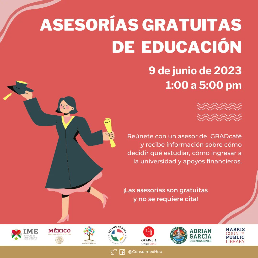 Un recordatorio que asesores de GRADcafé , representando la <a href="/VoeHouston/">VOE Houston</a> , estarán para ayudar y responder a sus preguntas sobre oportunidades educativas. Pase por las oficinas del Consulmex Houston este viernes. #makingithappentogether 
<a href="/harriscountypl/">Harris County Public Library</a> @hcpct2 @tejanocenteronline