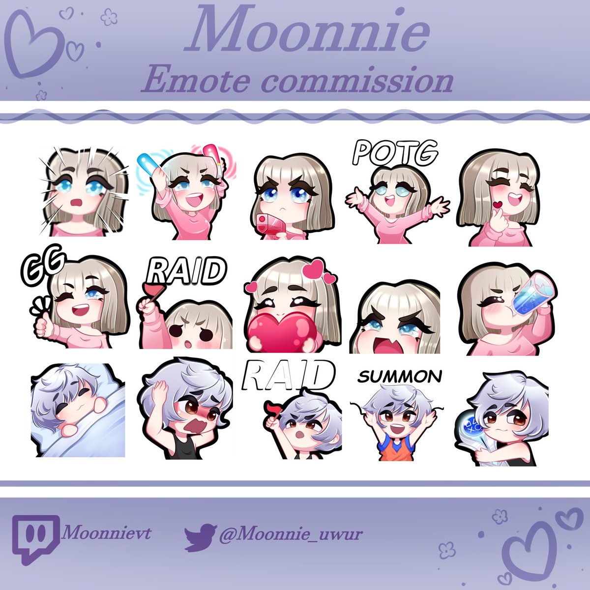 ❤️✨Comission finish for @dollvpink and @DaelePlay ❤️✨

Thank you very much for commissioning me ✨🌺

#emotes #commissions #emoteartist #commissionsopen #Commission #TwitchEmoteArtist #cute
