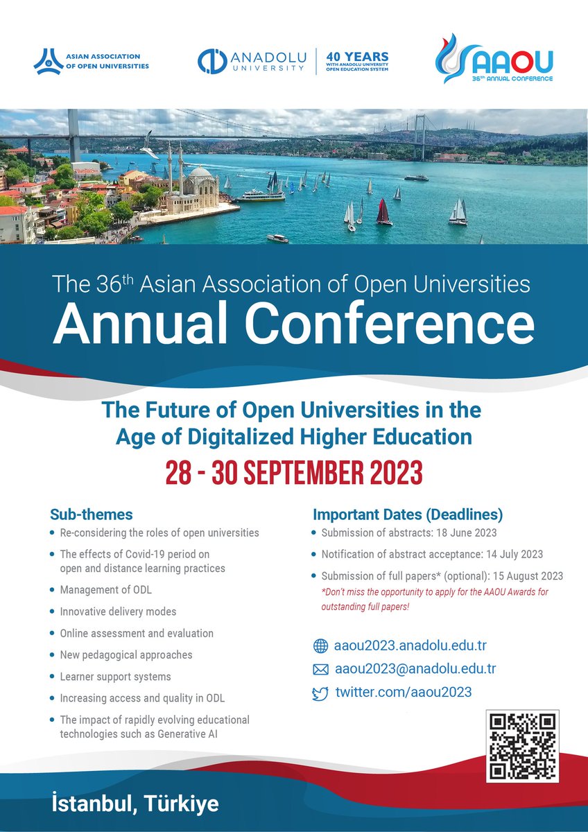 We are delighted to announce that you can start submitting your #Abstract today to the 36th #AAOU Annual #Conference website! We would be more than happy to receive your papers.
For more 👉 aaou2023.anadolu.edu.tr 
#AAOU2023 #TheFutureofOpenUniversities