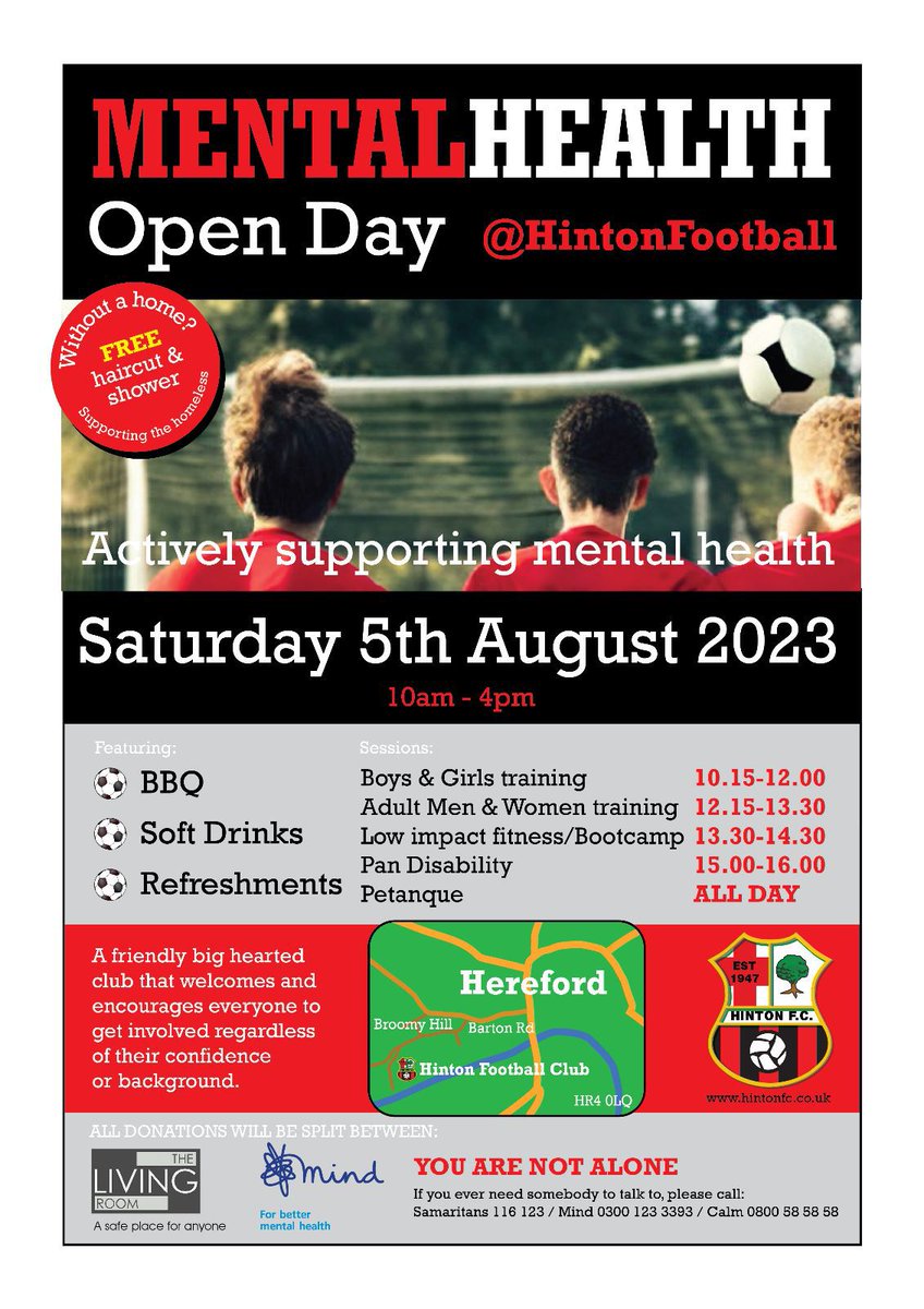 We are looking for promotion of our community focussed event and welcome all RTs and links possible

@hfdshiremind <a href="/StrongYMinds/">Strong Young Minds</a> <a href="/samaritans/">Samaritans</a> <a href="/Chris_DMLab/">Chris</a> <a href="/HerefordshireFA/">Herefordshire FA</a> <a href="/NonLeaguePaper/">The Non-League Paper</a> <a href="/ElyMemorialFund/">Ely Memorial Fund</a> <a href="/mentalhealth/">Mental Health Foundation</a> @AFCHfdshire