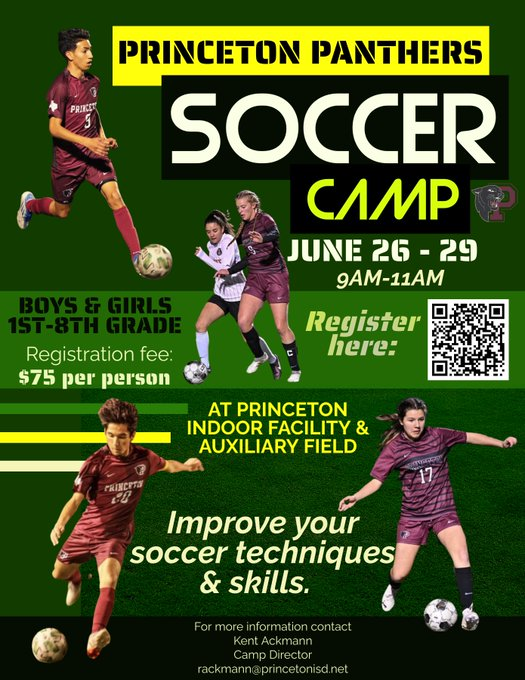 PHSPanthersFC's tweet photo. Little over 2 weeks out from the start of another great soccer camp! @PrincetonISD @PrincGirlsSoc  Register here:
https://t.co/gqVoBL2Gjs https://t.co/rfwTe4w957