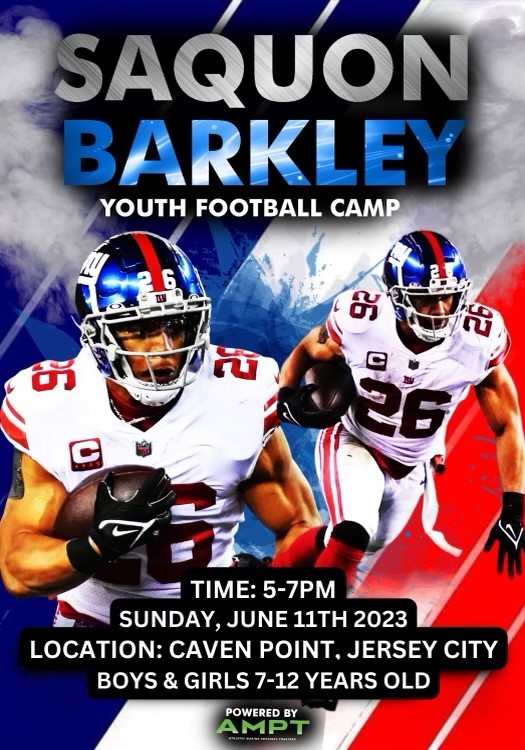 City of Jersey City on X: 'Come out and watch this Sunday's youth football  camp with NY Giants running back Saquon Barkley at Caven Point in  #JerseyCity from 5-7pm. The event is