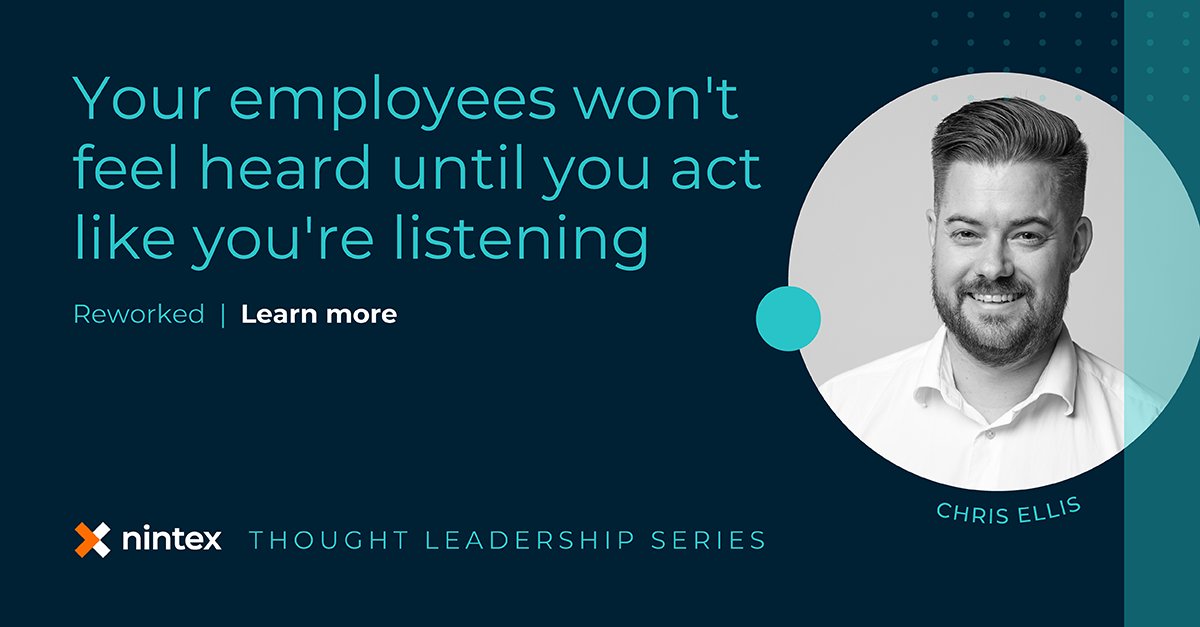 Nintex's tweet photo. Do your teams feel heard? 👂 Creating an engaged workforce goes beyond polls and surveys. @ce1906 dives deeper in @GetReworked. https://t.co/VJwcGOaSa2 #EmployeeEngagement #EngagedWorkforce https://t.co/yvbFJofiGK