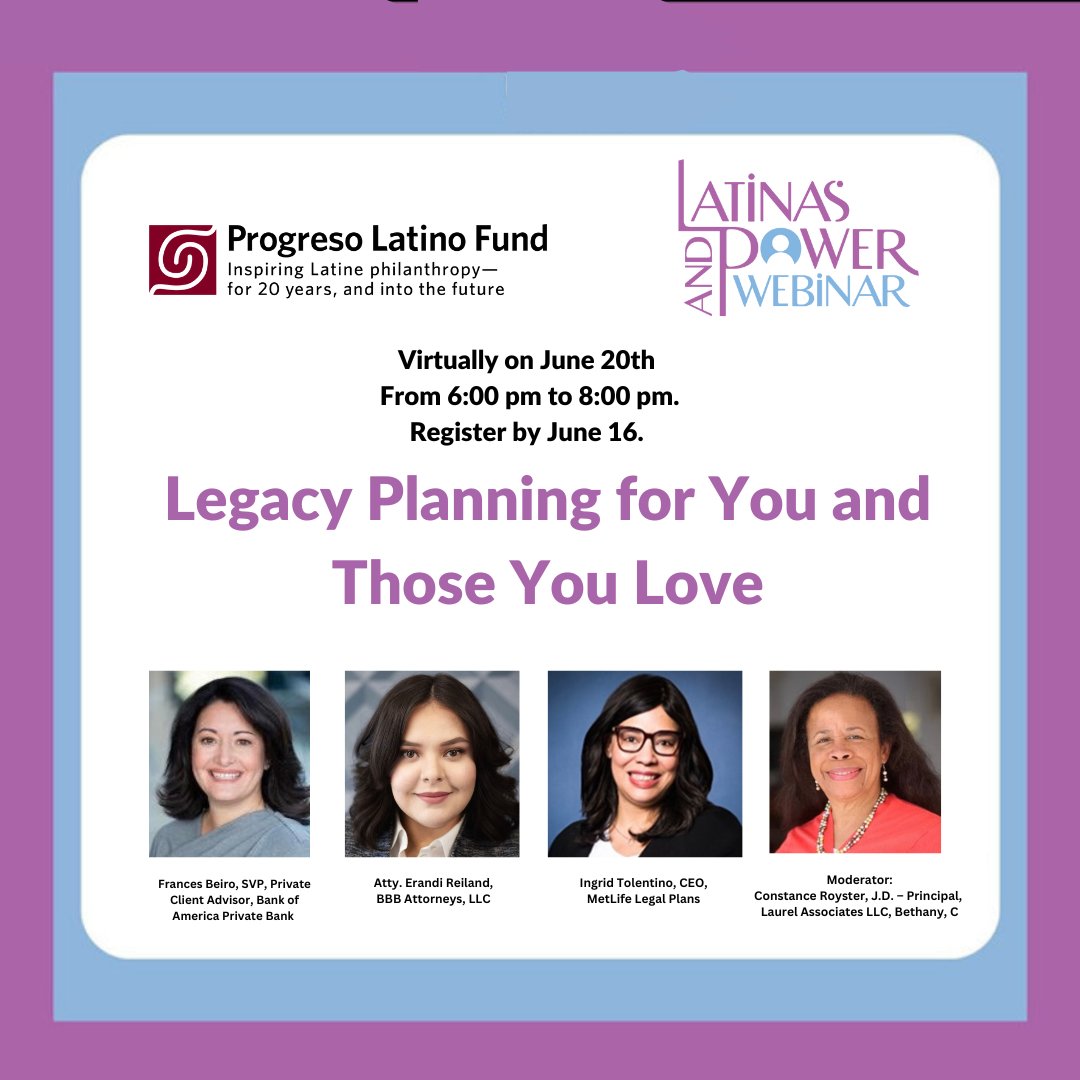 Latinas &amp; Power is partnering with the Progreso Latino Fund to bring you very important information on planning for your legacy. 
Join us for this FREE webinar. 
Tuesday, June 20, 2023
6:00 p.m. - 8:00 p.m.
Register by June 16 for this free webinar:
cfgnh.org/.../legacy-pla…...
