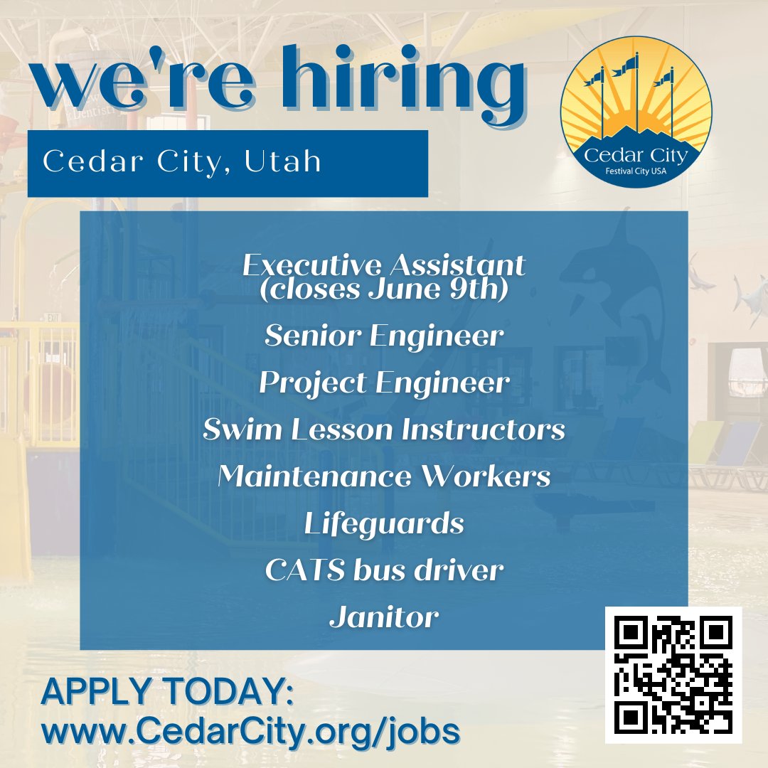 Join our team! Open positions as of June 8th, 2023:

🔹Executive Assistant (closes June 9th)
🔹Senior Engineer
🔹Project Engineer
🔹Swim Lesson Instructors
🔹Maintenance Workers
🔹Lifeguards
🔹CATS bus driver
🔹Janitor

Apply online at cedarcity.org/jobs
#NowHiring #UtahJobs