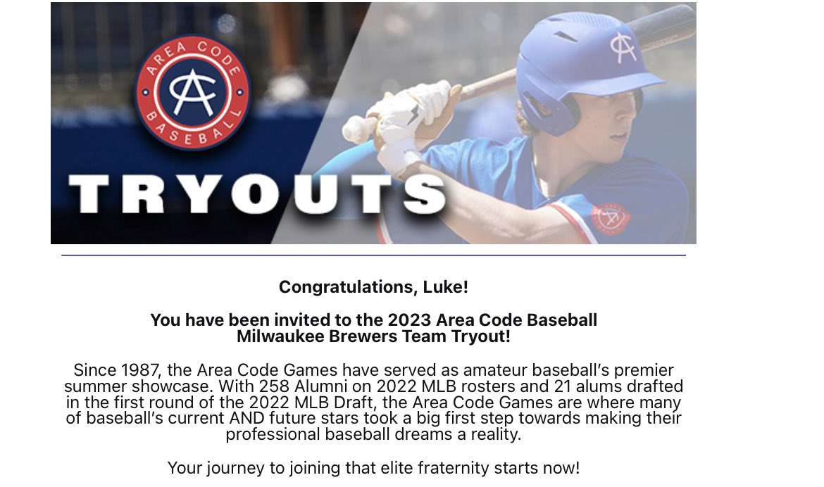 Thankful for the invite to tryout for <a href="/ACBaseballGames/">Area Code Baseball</a>! 
<a href="/crespi_baseball/">Crespi Baseball</a> @Baseballingjrod <a href="/MGarciaparra/">Michael Garciaparra</a> <a href="/GBGbaseballUSA/">GBG Baseball USA</a> <a href="/LesLukach/">𝐋𝐞𝐬 𝐋𝐮𝐤𝐚𝐜𝐡</a> <a href="/JoeyCohenPG/">Joey Cohen🧢</a>