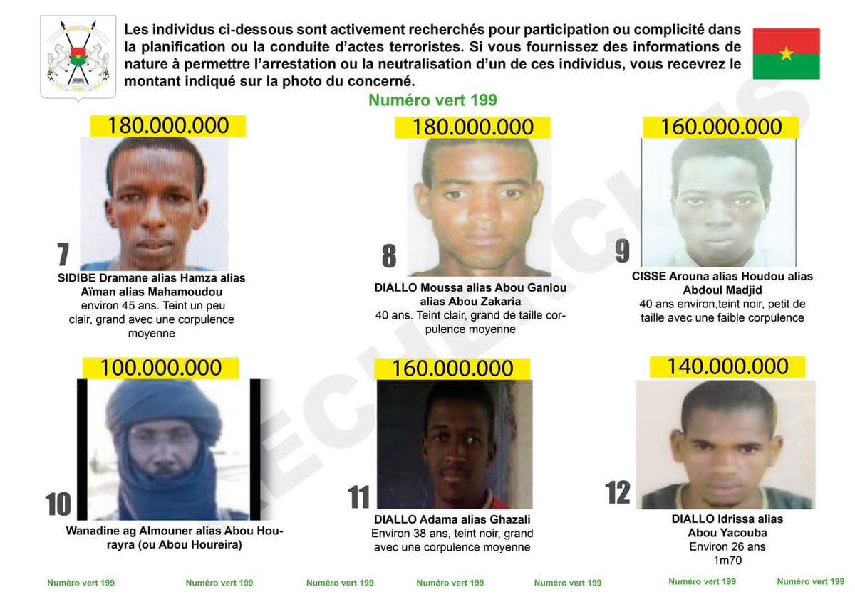 DaondorolaDo's tweet photo. #Burkina : Le gouvernement offre entre 100 millions à 180 millions de FCFA par tête pour 20terroristes recherchés. #terrorisme 
#Lwili 
#tl226 
#DD https://t.co/jciNisLdRB
