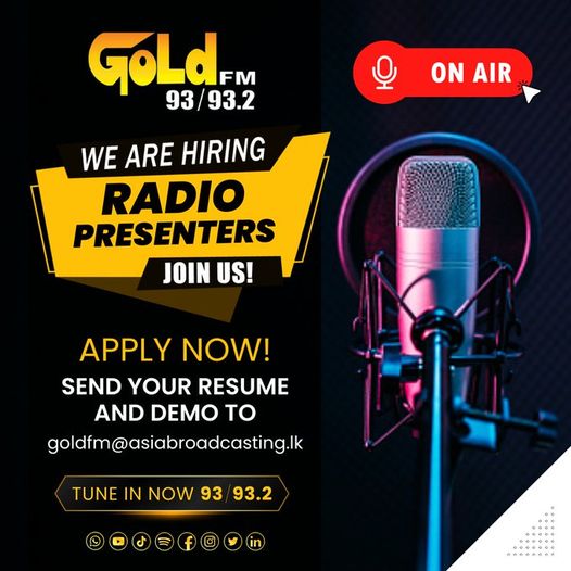 WE'RE HIRING!
Apply now by sending your resume and demo to:
goldfm@asiabroadcasting.lk
#goldfm #srilanka #lk #radio #vacancies #jobs #applynow