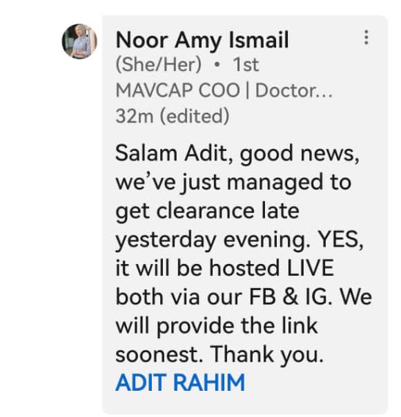 AditRahim's tweet photo. @ArwahMaklampir @lamkanahraf @officialmavcap @rafiziramli @EPUMalaysia Great news! Thanks to @NoorAmyIsmail and the @officialmavcap team, and most of all, Ku @AlizakriAlias 🙏🏽🙏🏽🙏🏽

Looking forward to the session online! https://t.co/1pchkq3k0U
