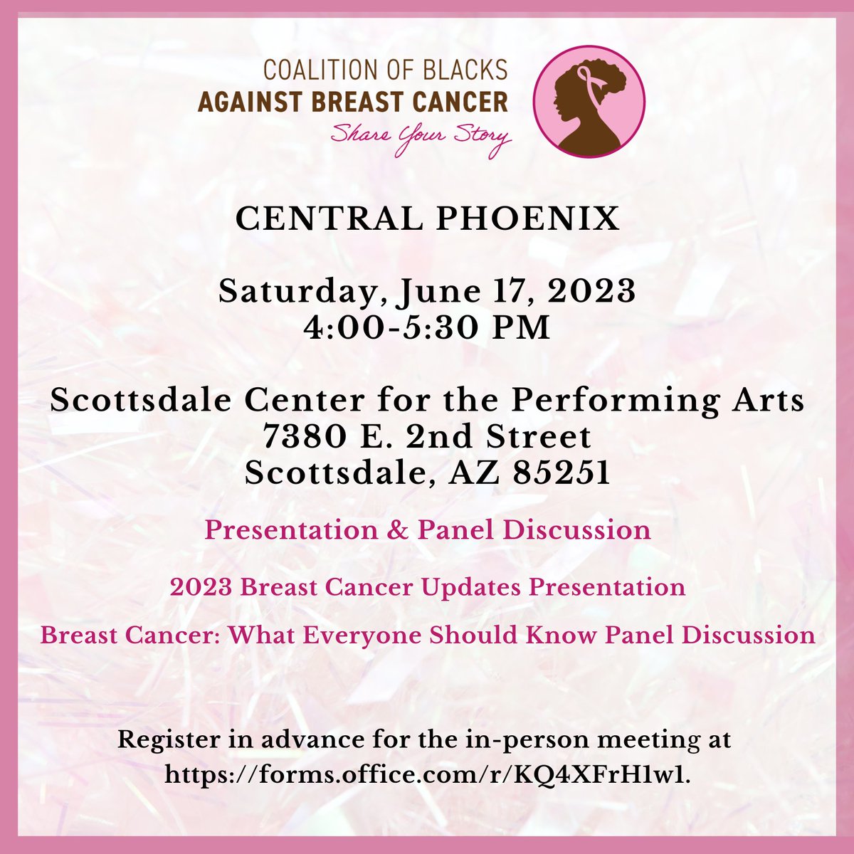 This month, the Coalition of Blacks Against Breast Cancer is hosting an empowering meeting during #Juneteenth that you don't want to miss! 

Register for the meeting at forms.office.com/r/KQ4XFrH1w1.

#cbbc #BreastCancerSupport #breastcancer #community