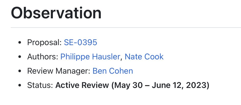 krzyzanowskim's tweet photo. The Swift Observation feature (and Observable macro) is technically not accepted (in review), so Apple shipped it in Xcode 15 and even built some fundamental brand-new features in various frameworks around that.

Is this implemented in open-source swift? the proposal doesn't mention implementation 🤔 https://t.co/TOgihywGPL